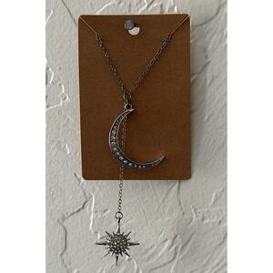 Celestial Crescent Moon Star Rhinestone Pendant Necklace Silver Tone 18"